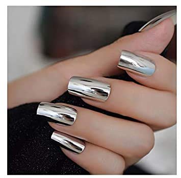 Nails set 10 Mirror Silver Chrome Finish False Nails Long French Tips Nails  Extensions Reusable Fake Nails NAIL Glue Stick